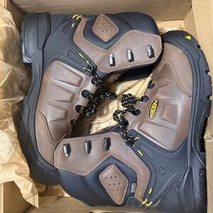 KEEN Brown and Black Men's Waterproof Work Boots with Yellow Accents